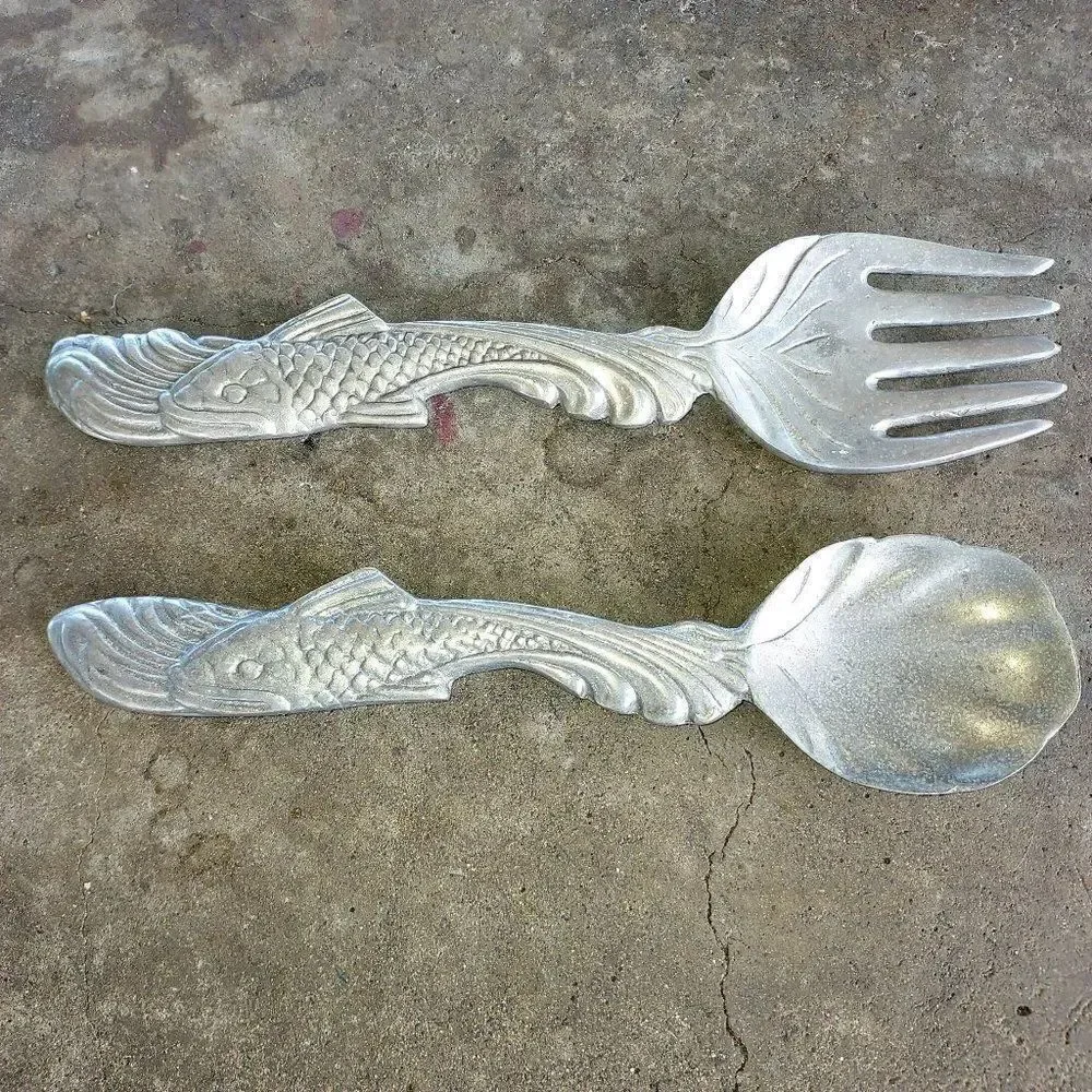 Vintage Pewter Salad Fork and Spoon Fish Handles
